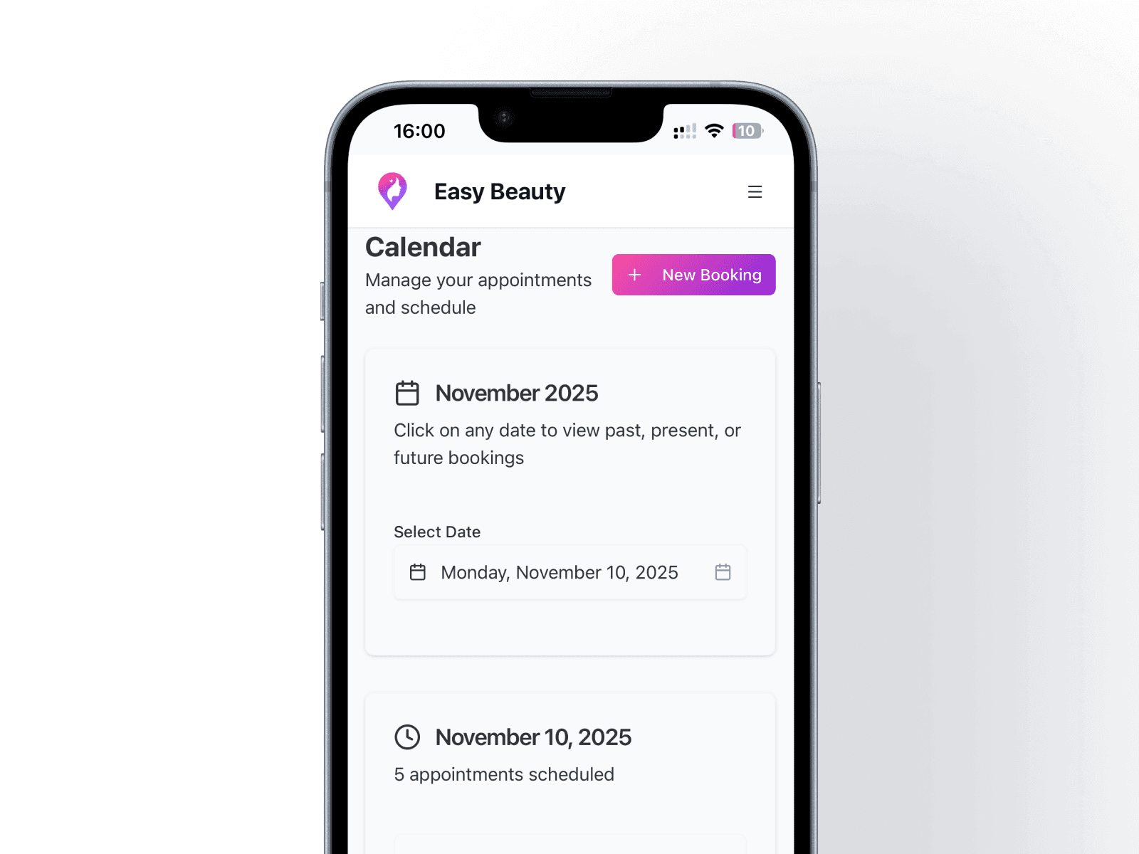 Smart booking calendar interface showing appointments and availability